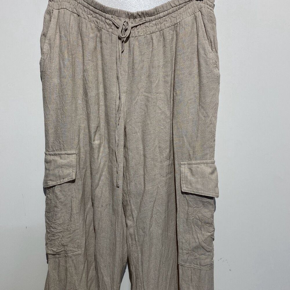 Blue Sol Women's Cream Drawstring Linen Blend Wide Leg‎ Cargo Pants Size Medium